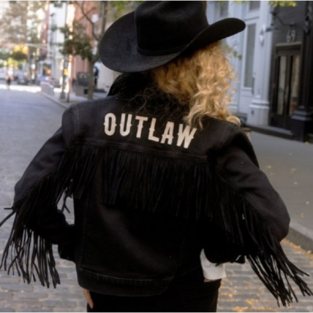 Idyllwind Outlaw Western Leather Fringe Jean Denim Jacket Black - Picture 7 of 8